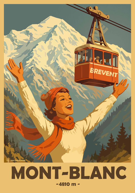Affiche vintage Mont-Blanc à Chamonix, téléphérique du Brévent face au sommet des Alpes – illustration montagne Pais Chocolatine