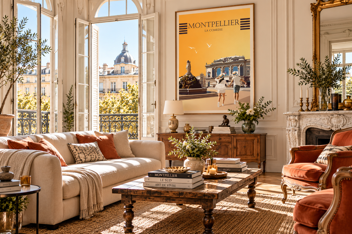 Poster Montpellier vintage dans un salon chic – décoration murale inspirée de la Place de la Comédie