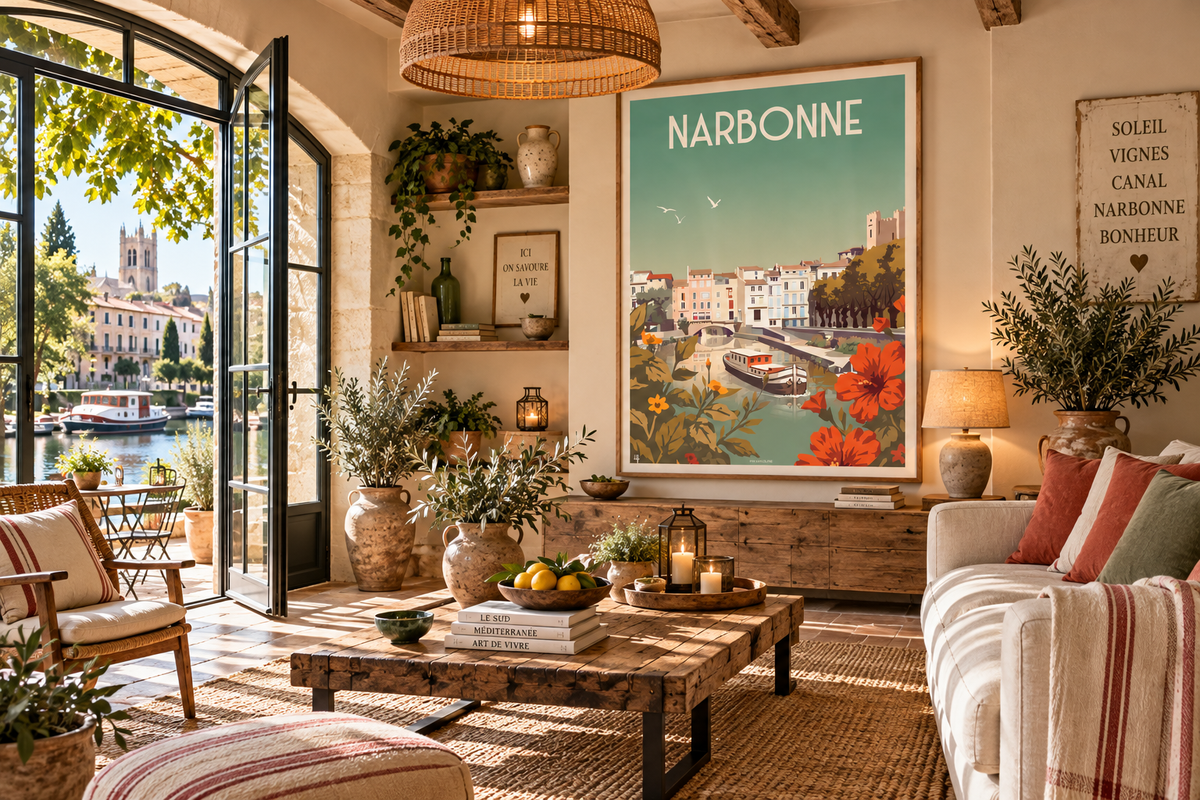 Poster Narbonne vintage dans un intérieur méditerranéen – affiche Canal de la Robine et Occitanie Pais Chocolatine