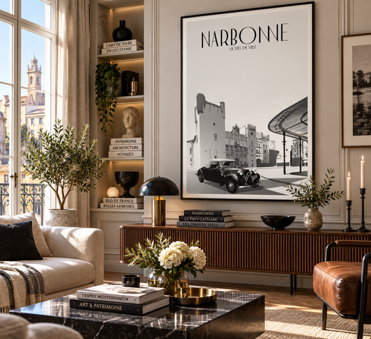 Affiche Narbonne Hôtel de Ville encadrée – décoration murale vintage noir et blanc