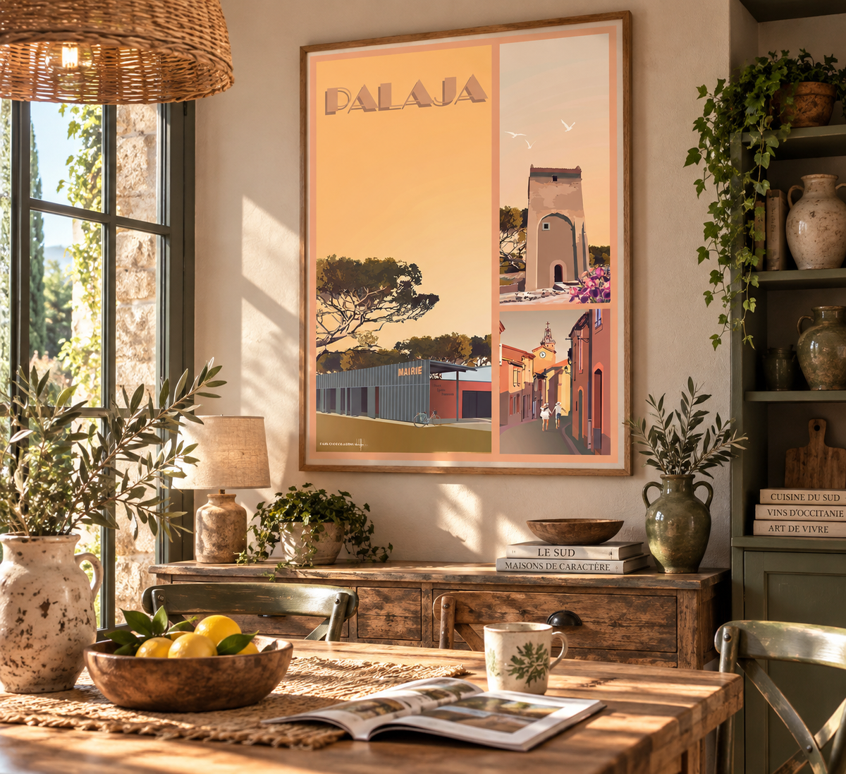 Affiche Palaja vintage encadrée dans un intérieur campagnard chaleureux – décoration murale Aude Pais Chocolatine