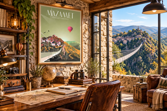 Affiche de la passerelle d’Hautpoul à Mazamet présentée dans un bureau avec vue sur le village médiéval
