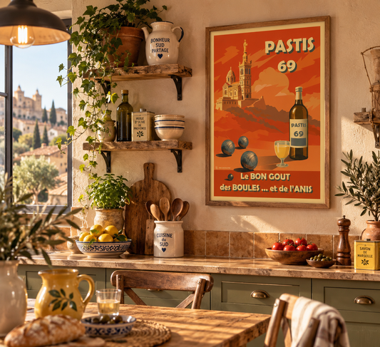 Affiche Pastis 69 vintage encadrée dans une cuisine esprit du Sud – décoration murale rétro Pais Chocolatine