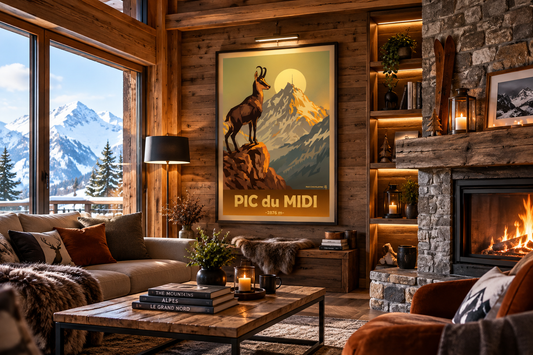 Affiche Pic du Midi présentée dans un intérieur de montagne, décoration murale vintage inspirée des Pyrénées