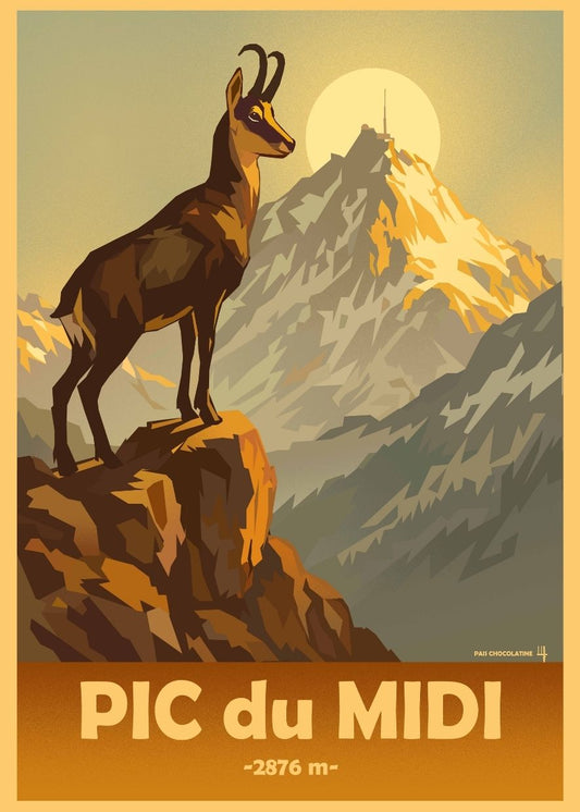 Affiche vintage Pic du Midi, isard face à l’observatoire dans les Pyrénées – illustration rétro de montagne Pais Chocolatine
