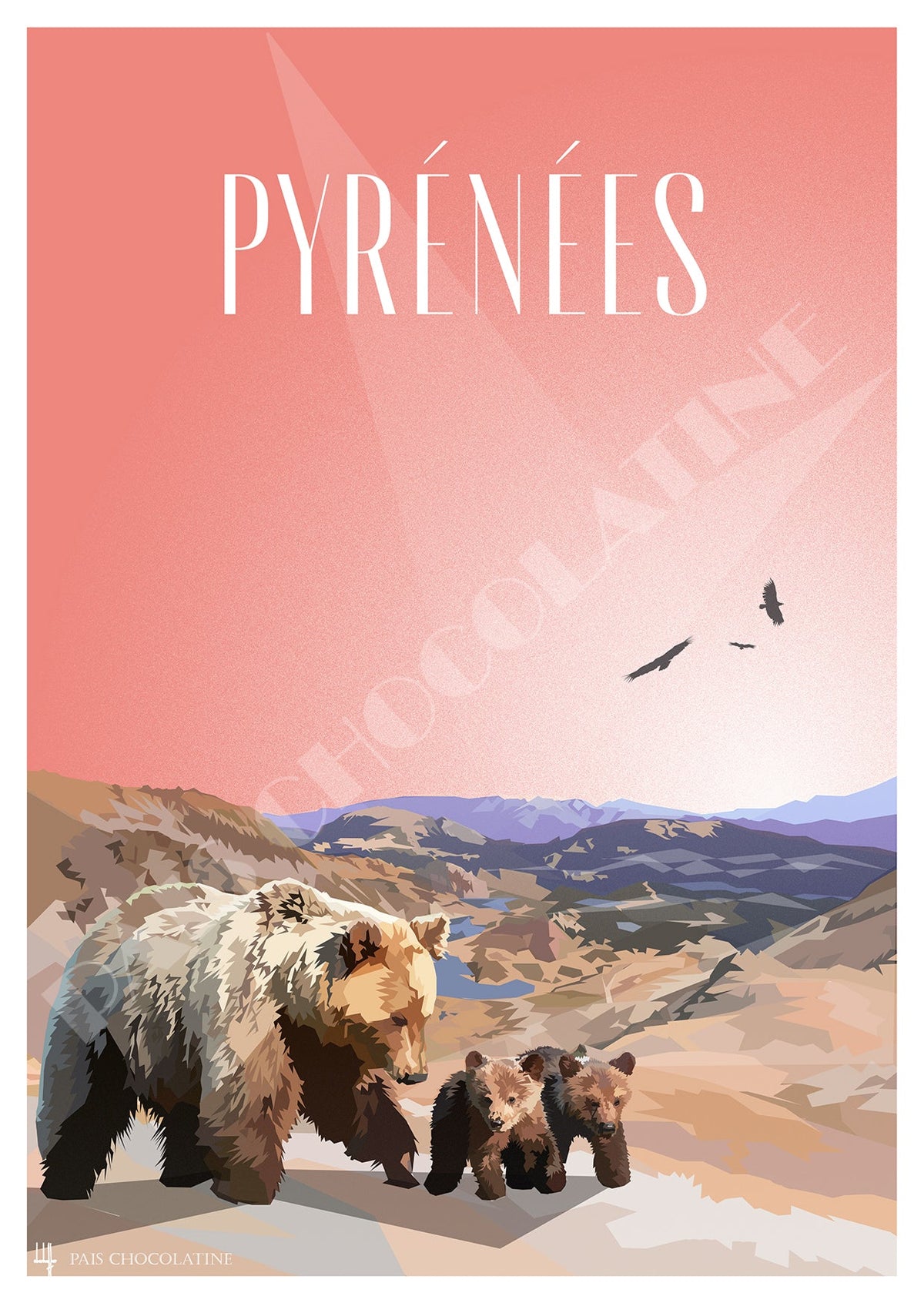 Affiche vintage Pyrénées Le Refuge Sauvage – ourse et oursons en montagne – Pais Chocolatine