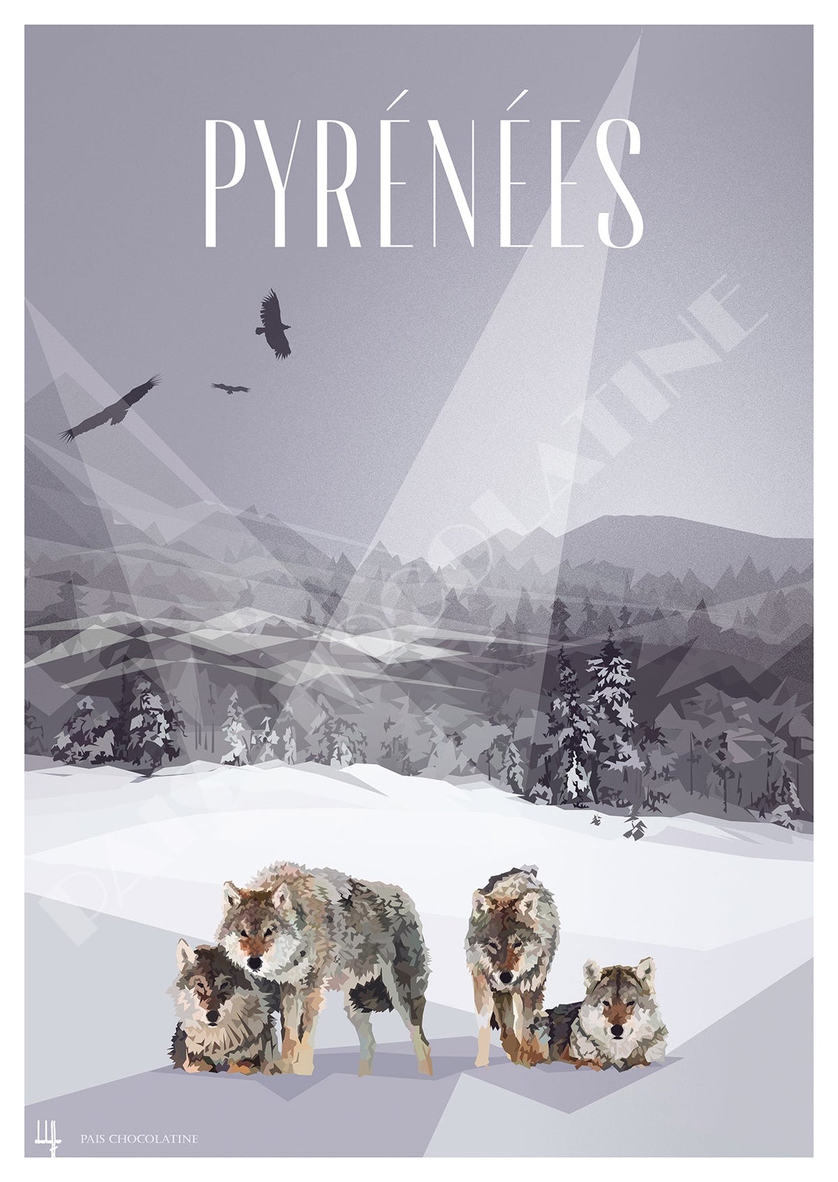 Affiche vintage Pyrénées L’Appel Sauvage des Loups – meute de loups en montagne – Pais Chocolatine