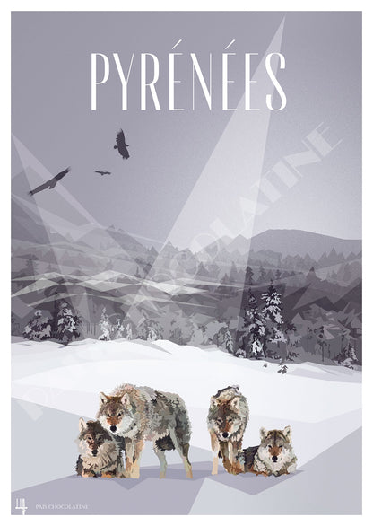 Affiche vintage Pyrénées L’Appel Sauvage des Loups – meute de loups en montagne – Pais Chocolatine