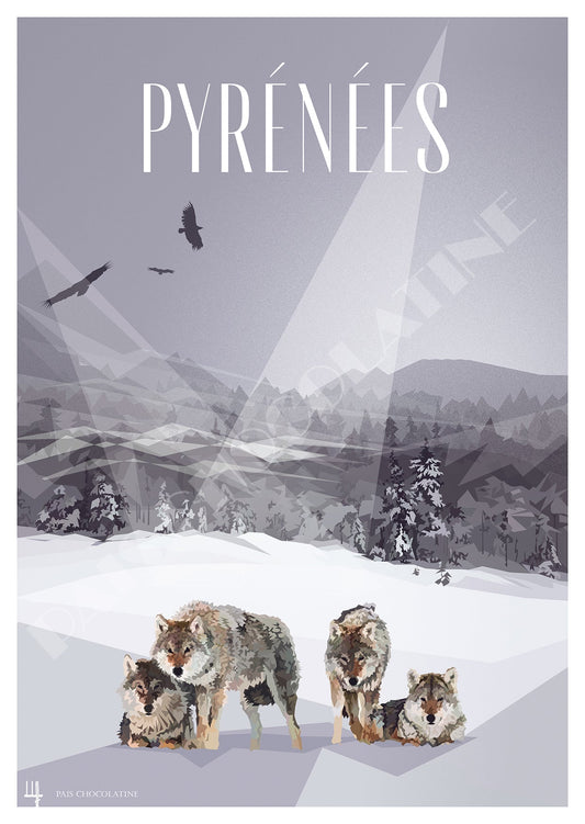Affiche vintage Pyrénées L’Appel Sauvage des Loups – meute de loups en montagne – Pais Chocolatine