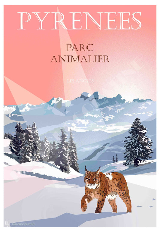 Affiche vintage Pyrénées – Le refuge sauvage du lynx, illustration de montagne et faune sauvage par Pais Chocolatine