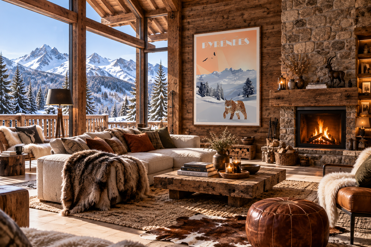Affiche vintage du lynx dans les Pyrénées présentée en décoration – poster montagne et nature sauvage Pais Chocolatine