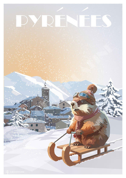 Affiche vintage Pyrénées avec une marmotte sur une luge dans les montagnes enneigées en Pais chocolatine