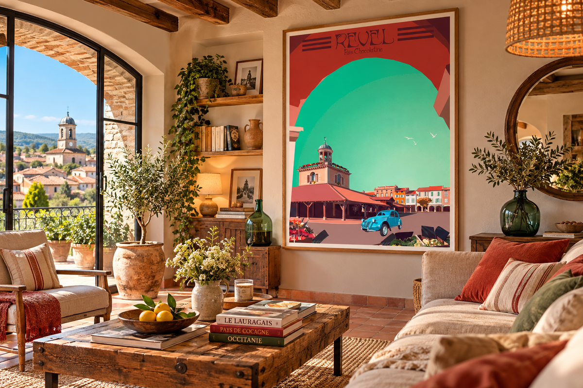 Affiche Revel vintage présentée dans un salon chaleureux inspiré du Lauragais et du Pays de Cocagne