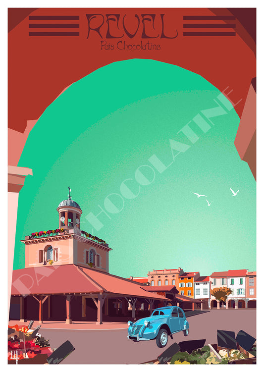 Affiche vintage Revel avec le beffroi et la halle historique au cœur du Pays de Cocagne