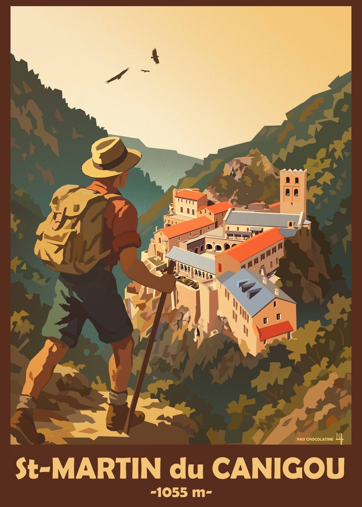 Affiche vintage Saint-Martin-du-Canigou, randonneur face au monastère dans les Pyrénées catalanes – illustration Pais Chocolatine
