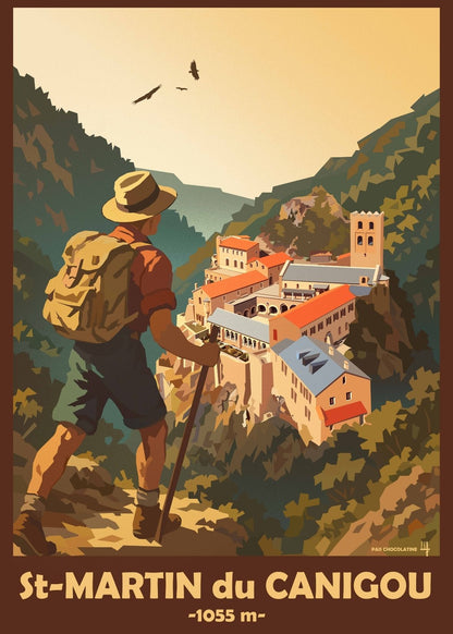 Affiche vintage Saint-Martin-du-Canigou, randonneur face au monastère dans les Pyrénées catalanes – illustration Pais Chocolatine