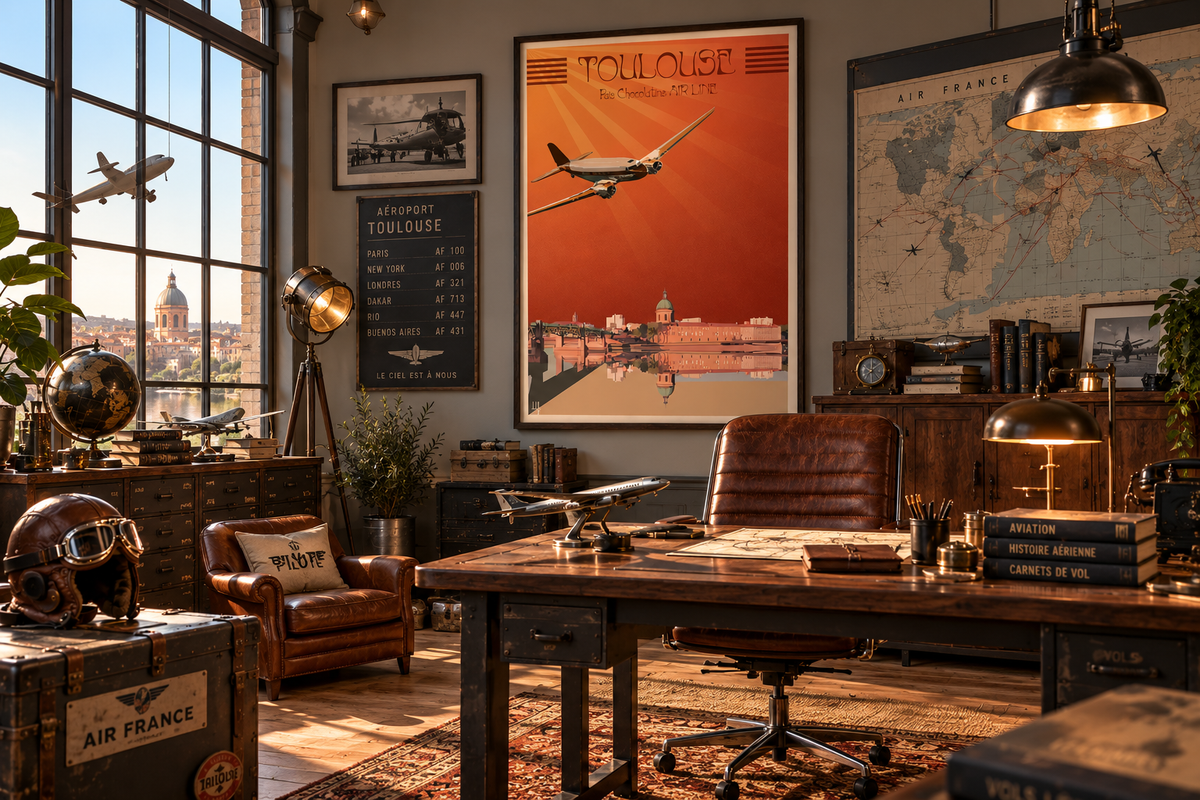 Affiche Toulouse Ville Rose dans un bureau de passionné d’aviation années 50 – poster vintage Occitanie Pais Chocolatine