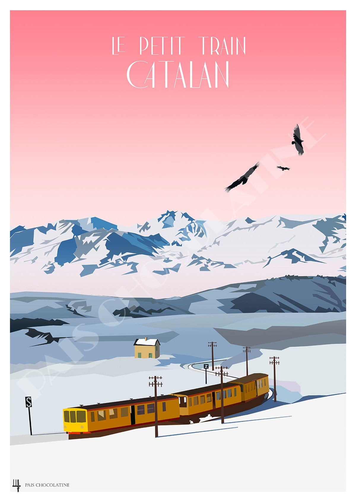 Affiche vintage Train Jaune dans les Pyrénées catalanes, symbole ferroviaire de la Cerdagne et du Conflent