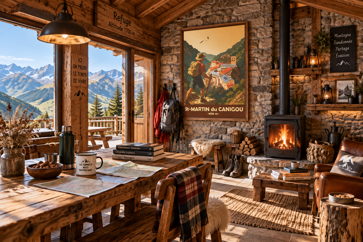 Affiche vintage Saint-Martin-du-Canigou en situation dans un intérieur montagne – poster randonnée, Canigou et patrimoine catalan, Pais Chocolatine