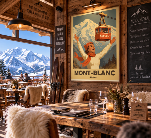 Affiche Mont-Blanc présentée dans un chalet des Alpes – décoration murale vintage de Chamonix et montagne, Pais Chocolatine