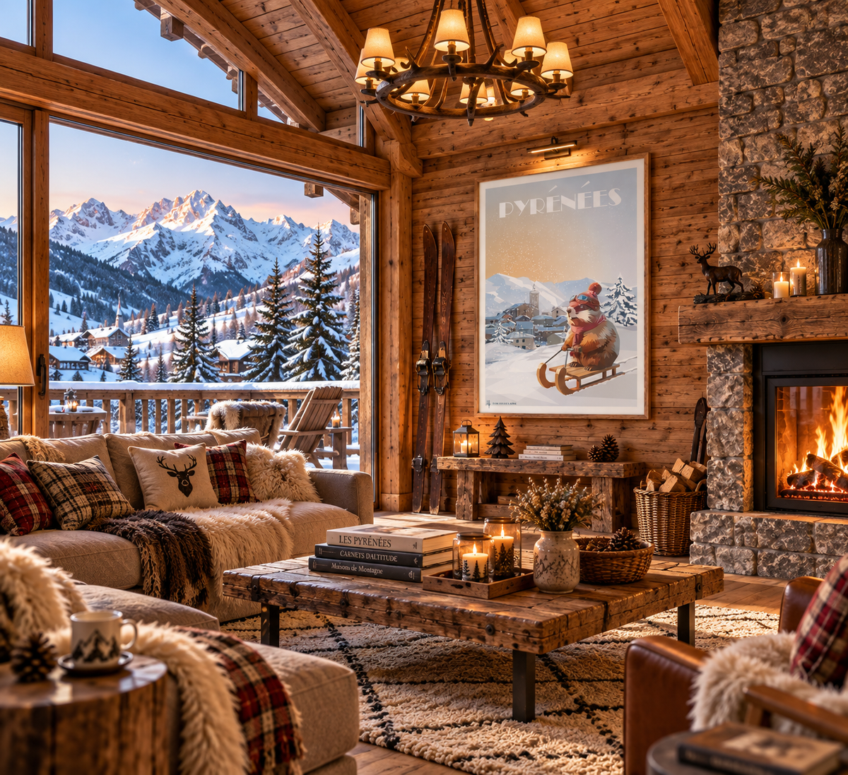 Affiche vintage La Magie des Montagnes Enneigées en décoration de chalet – Pyrénées et marmotte