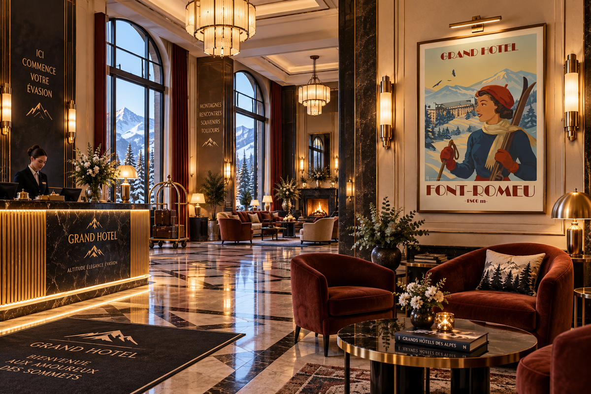 Affiche décorative du Grand Hôtel de Font-Romeu dans une ambiance hotel art deco des Pyrénées et Cerdagne