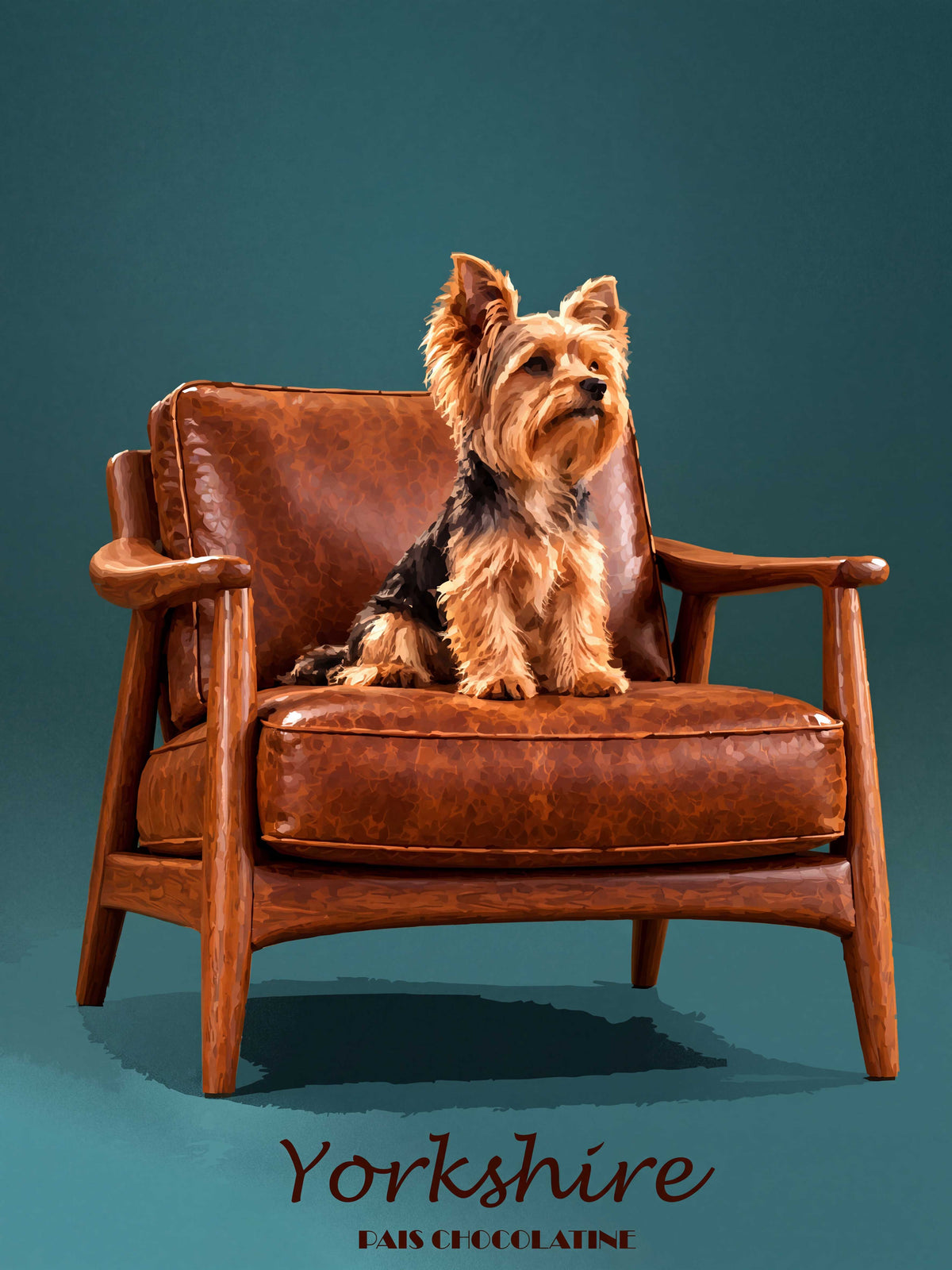 Affiche vintage Yorkshire Terrier, portrait d'un petit chien au pelage soyeux et au regard expressif, illustration rétro Pais Chocolatine.