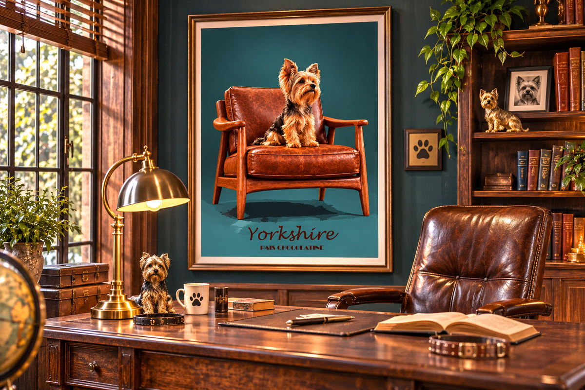 Affiche Yorkshire Terrier vintage encadrée, décoration murale élégante pour les amoureux des chiens et du style rétro.