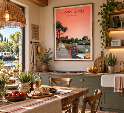 Affiche Canal du Midi dans un intérieur – décoration murale vintage inspirée des écluses, péniches et paysages d’Occitanie