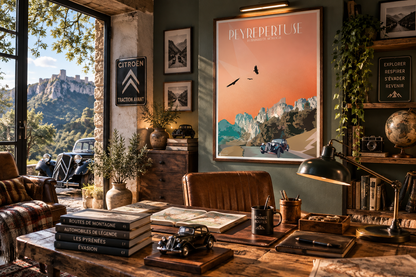 Affiche Peyrepertuse encadrée dans un bureau nature et automobile vintage – château cathare et Citroën Traction Pais Chocolatine