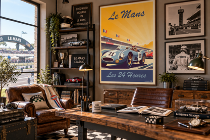 Affiche Le Mans vintage encadrée dans un bureau ambiance course automobile classique – décoration murale Pais Chocolatine