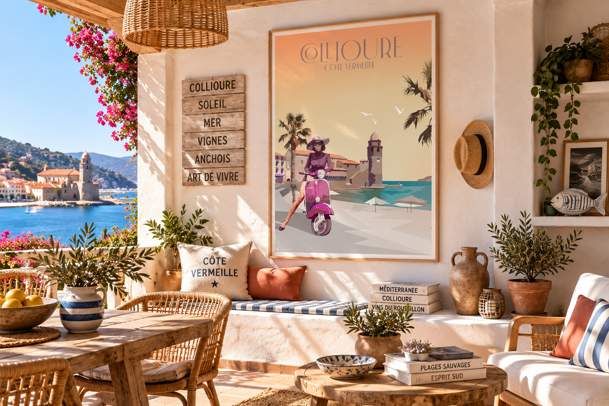 Affiche Collioure vintage encadrée dans un intérieur ensoleillé esprit Côte Vermeille – décoration méditerranéenne Pais Chocolatine