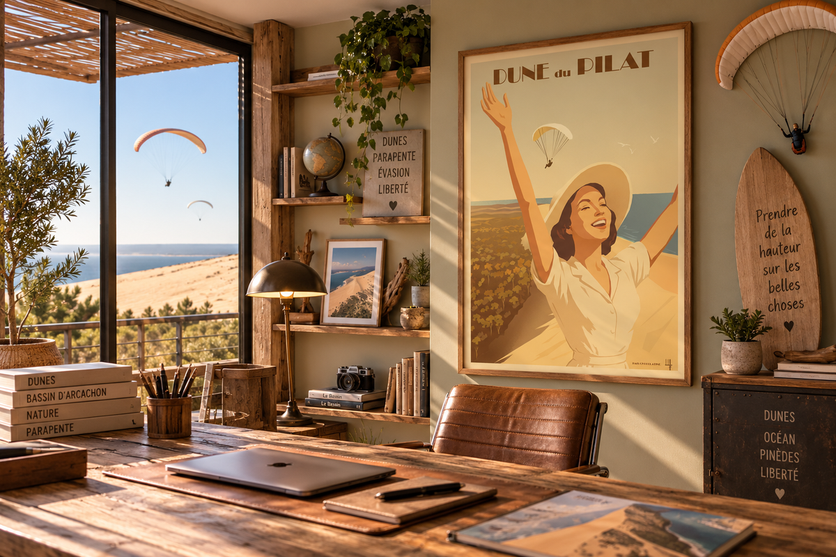 Affiche Dune du Pilat vintage encadrée dans un bureau ambiance parapente – décoration Bassin d’Arcachon Pais Chocolatine