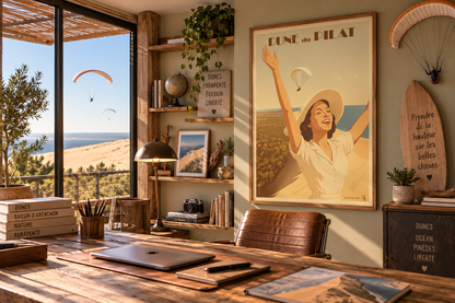 Affiche Dune du Pilat vintage encadrée dans un bureau ambiance parapente – décoration Bassin d’Arcachon Pais Chocolatine