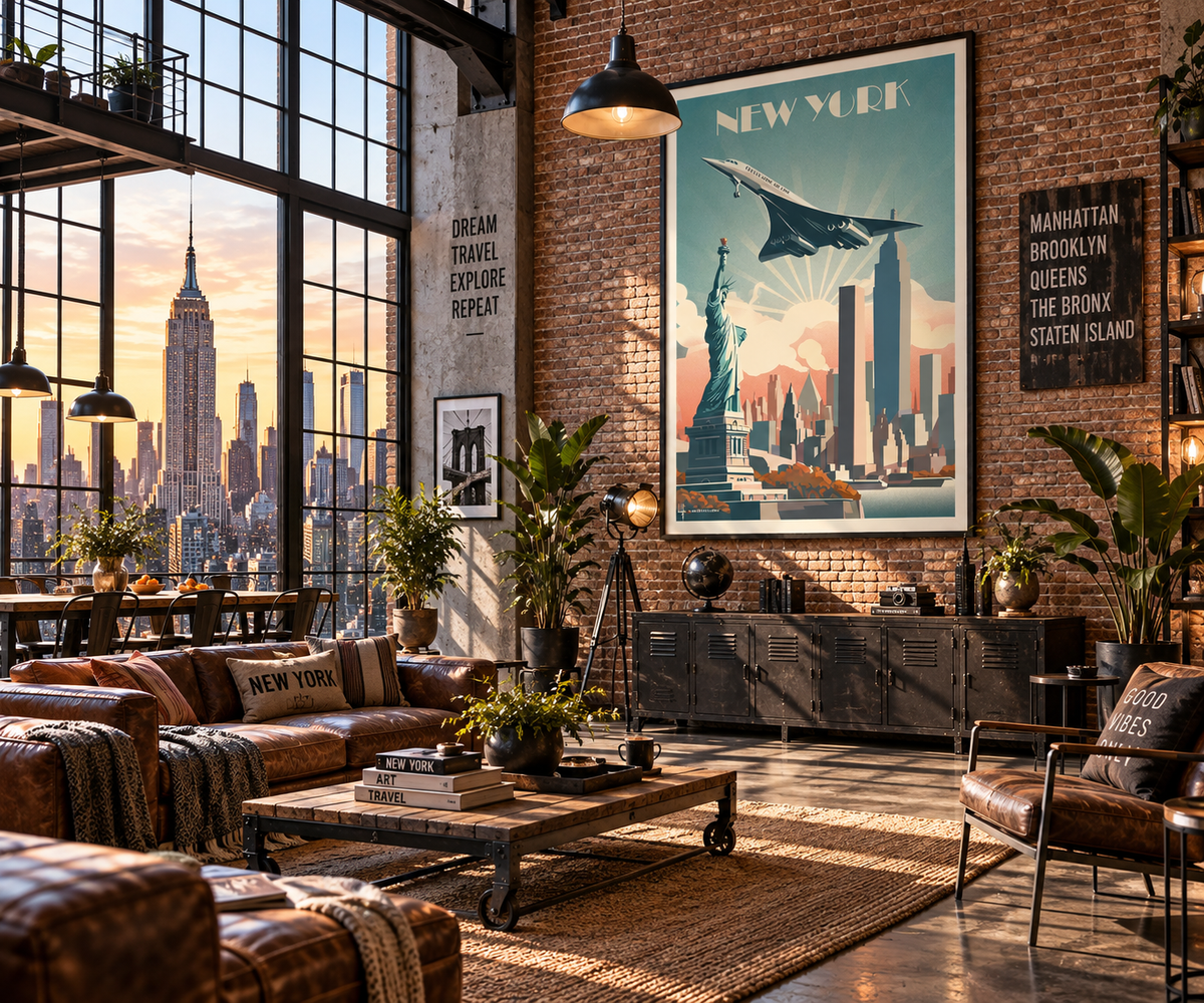 Poster New York rétro présenté dans un intérieur loft industriel – affiche voyage États-Unis Pais Chocolatine