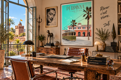 Affiche Perpignan vintage dans un bureau inspiré de Dalí – décoration murale catalane rétro