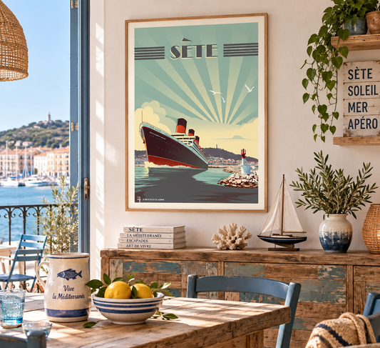 Affiche Sète vintage en décoration intérieure – poster rétro du port de Sète et Méditerranée, Pais Chocolatine