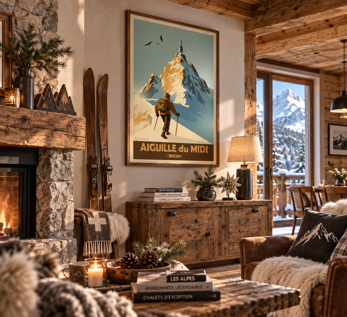 Affiche Aiguille du Midi dans un chalet de montagne – décoration alpine vintage Mont-Blanc