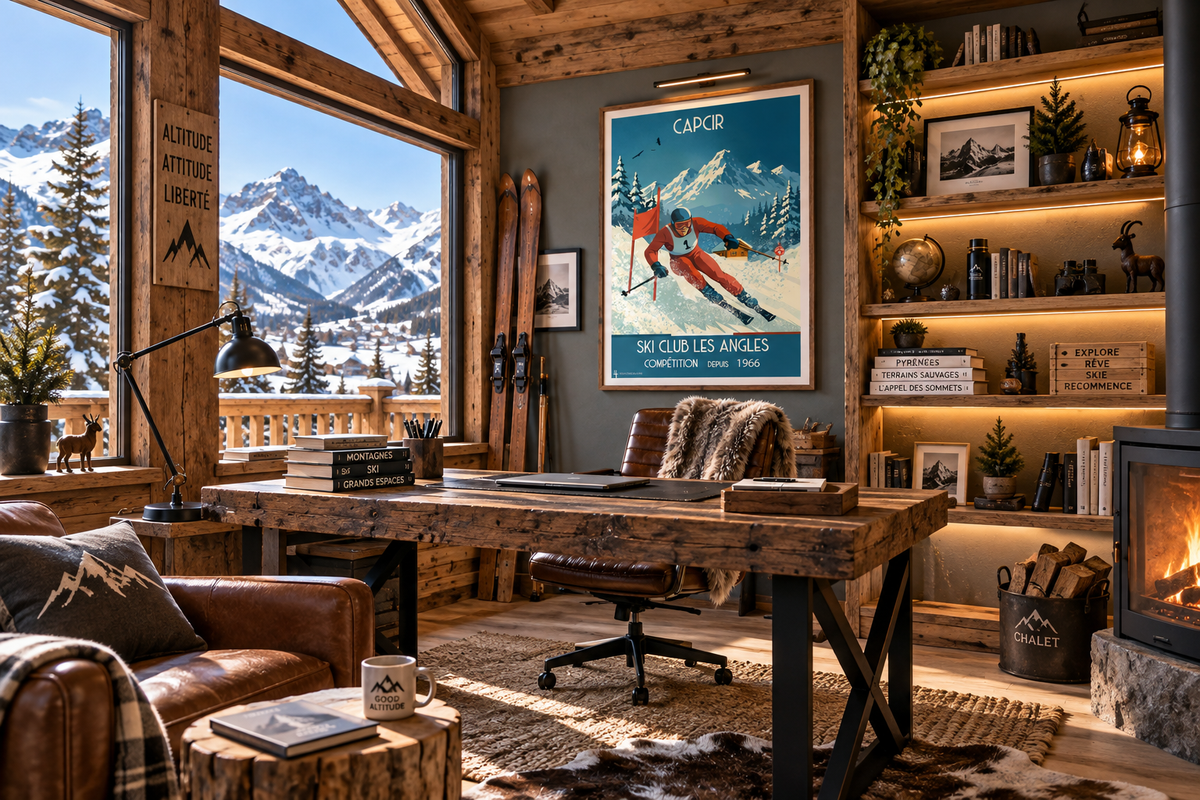 Affiche vintage Ski Club Les Angles en situation dans un intérieur montagne – poster rétro de ski et sports d’hiver, Pais Chocolatine
