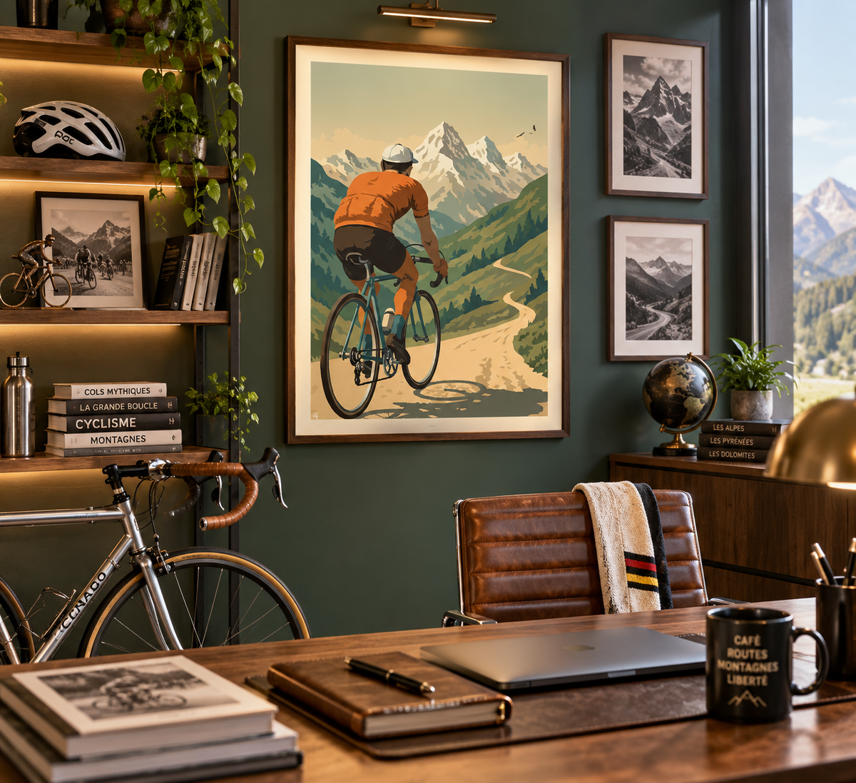 Affiche cyclisme vintage présentée dans un bureau chic de passionné de vélo – décoration murale montagne Pais Chocolatine