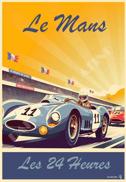 Affiche Le Mans vintage – voiture de course classique sur circuit automobile – illustration rétro Pais Chocolatine