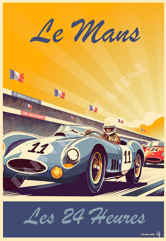 Affiche Le Mans vintage – voiture de course classique sur circuit automobile – illustration rétro Pais Chocolatine