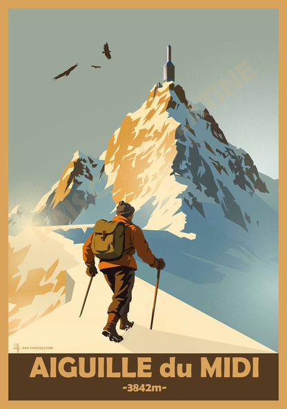 Affiche vintage Aiguille du Midi 3842 m – alpiniste et massif du Mont-Blanc – Pais Chocolatine
