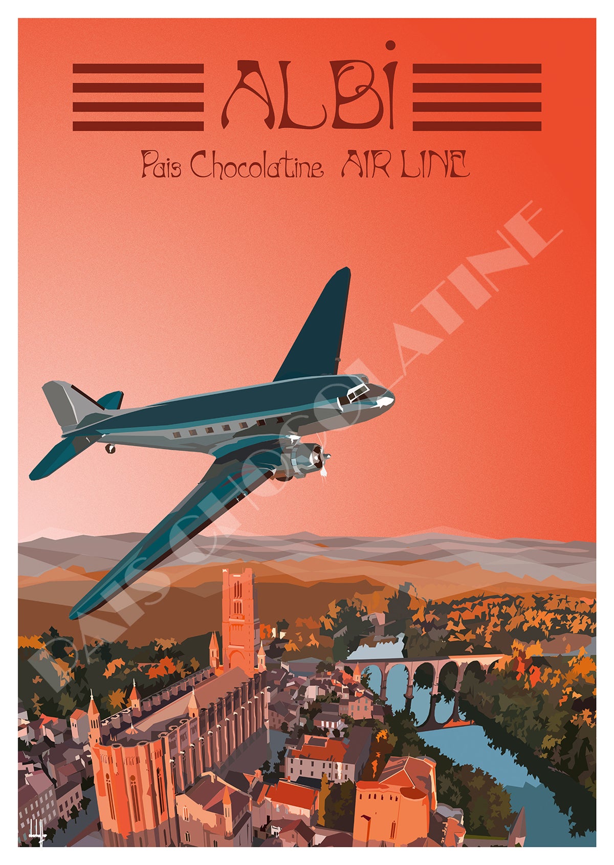 Affiche Albi vintage – avion rétro survolant la cathédrale Sainte-Cécile et le Tarn – Pais Chocolatine