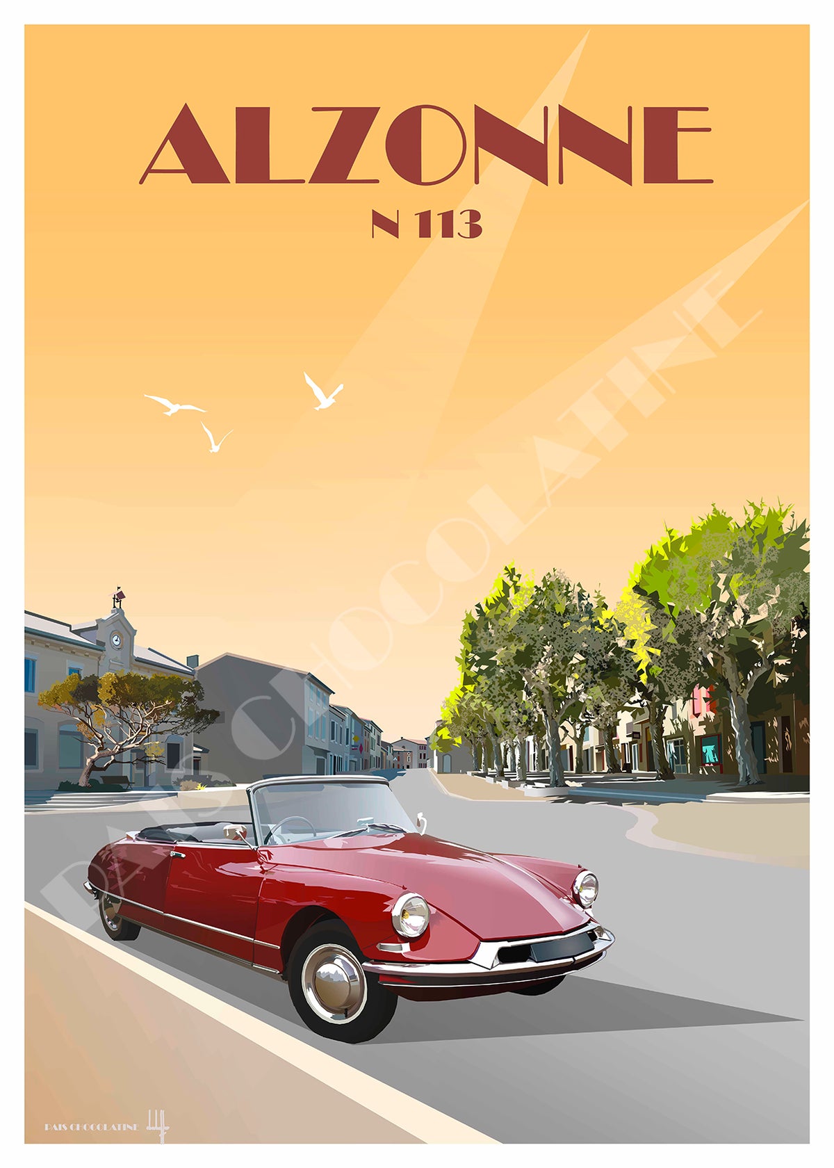 Affiche Alzonne N113 vintage – cabriolet rouge sur l’ancienne route nationale 113 dans l’Aude – Pais Chocolatine