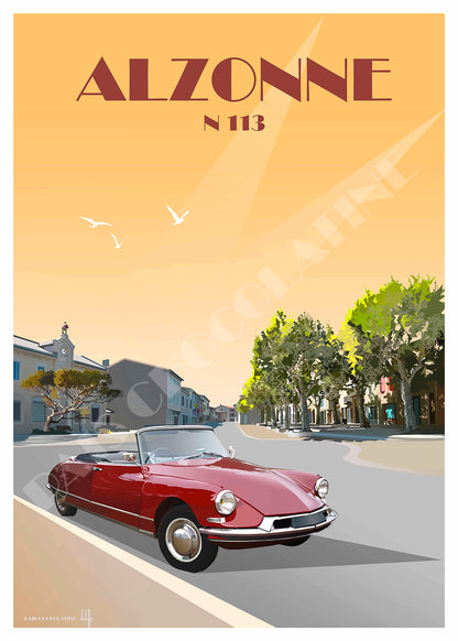 Affiche Alzonne N113 vintage – cabriolet rouge sur l’ancienne route nationale 113 dans l’Aude – Pais Chocolatine