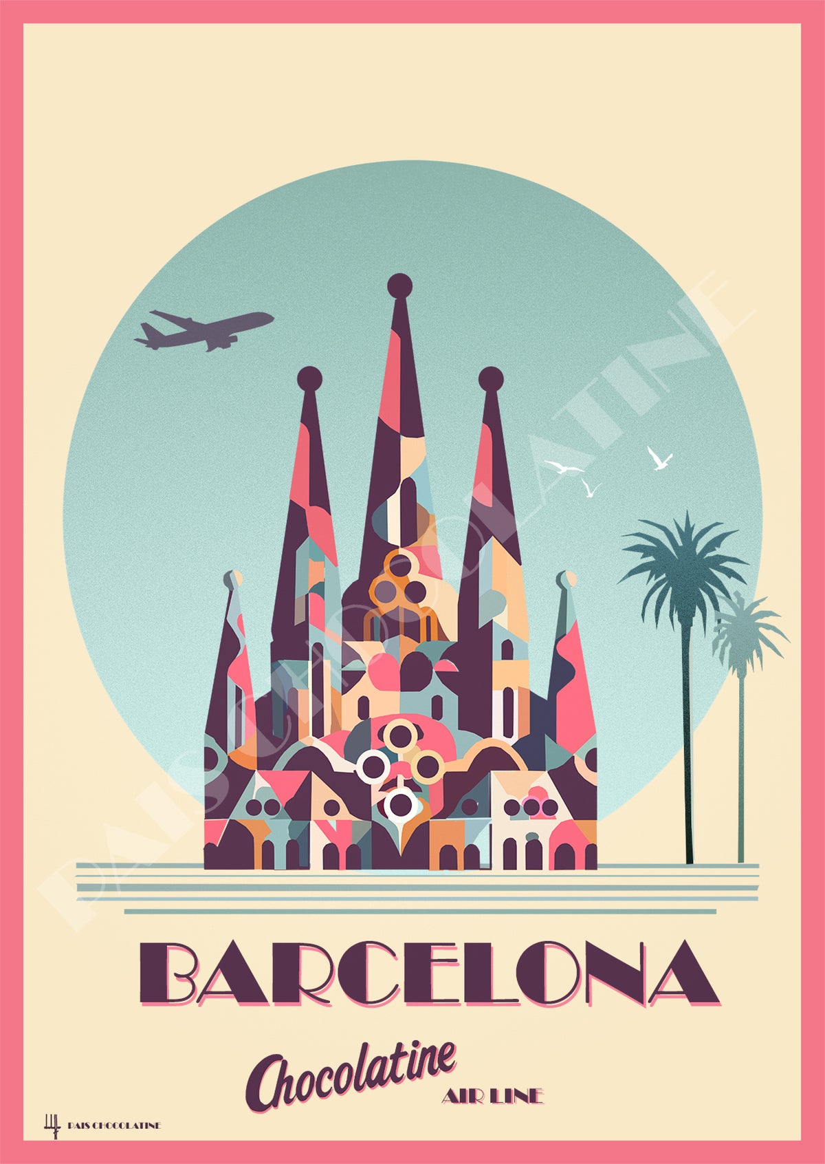 Affiche vintage Barcelone – Sagrada Família, architecture de Gaudí et ambiance méditerranéenne – Pais Chocolatine