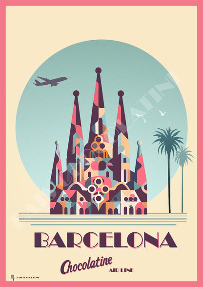 Affiche vintage Barcelone – Sagrada Família, architecture de Gaudí et ambiance méditerranéenne – Pais Chocolatine