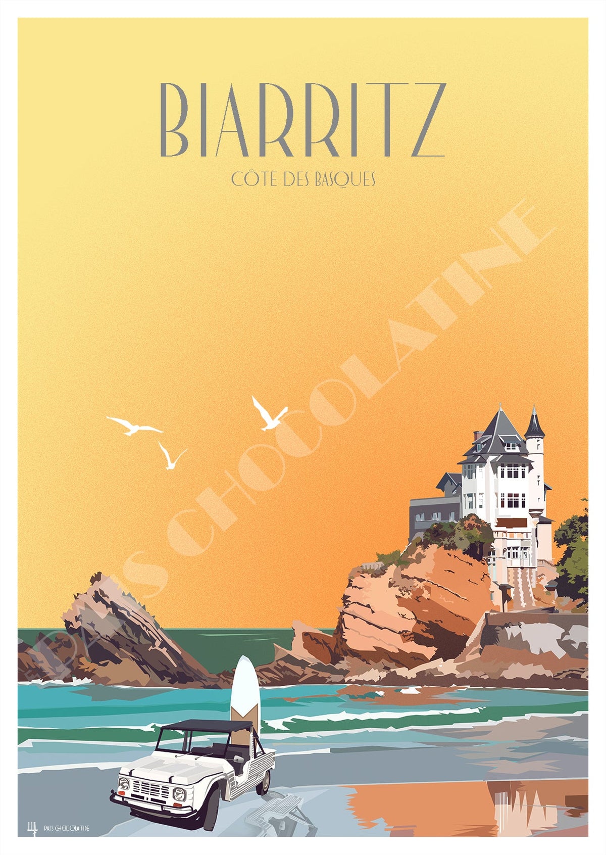 Affiche Biarritz vintage – Côte des Basques, Villa Belza, surf et Méhari au bord de l’océan, création Pais Chocolatine
