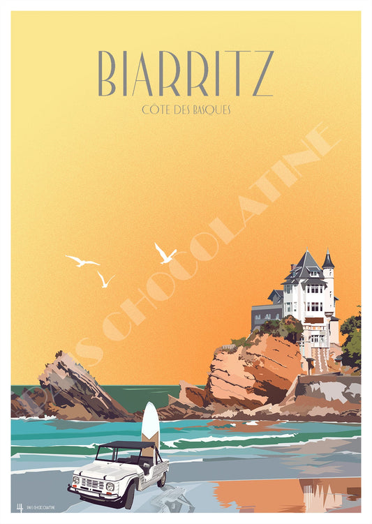 Affiche Biarritz vintage – Côte des Basques, Villa Belza, surf et Méhari au bord de l’océan, création Pais Chocolatine